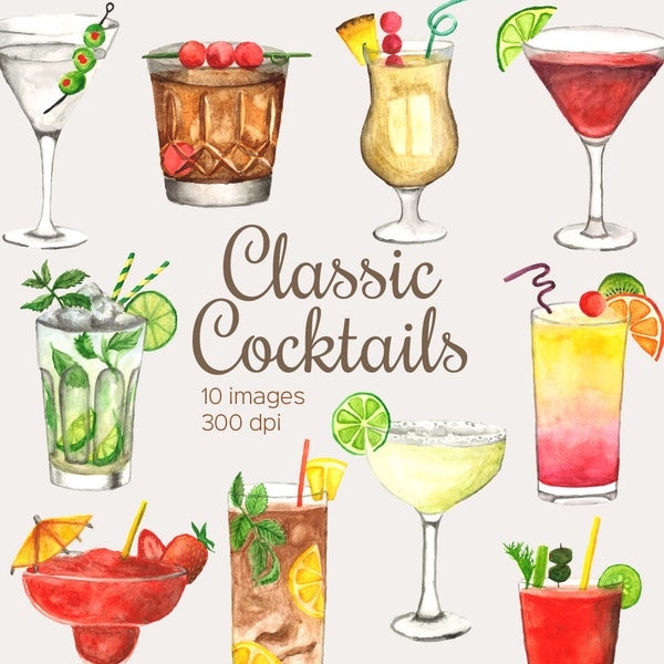 Watercolor Cocktail Printable Wall Art Set of 10, Home Decor, Drink Print, Hand Painted Bar Menu Art, Mojito, Margarita, Bloody Mary