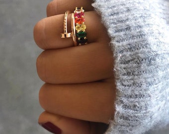Anillo colorido Anillo multicolor Anillo orgullo Rainbow Band Chunky Ring Oval Eternity Band