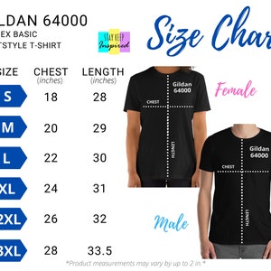 Gildan 64000 Black Unisex T-Shirt Size Chart (inches/cm), Gildan T-Shirt Mockup Sizing Chart, Digital Download Sizing Chart