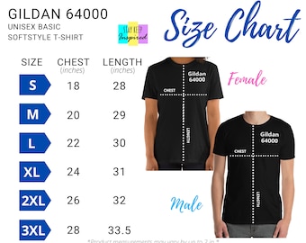 Gildan 64000 Unisex T-shirt Size Chart (inches/cm), Digital Sizing