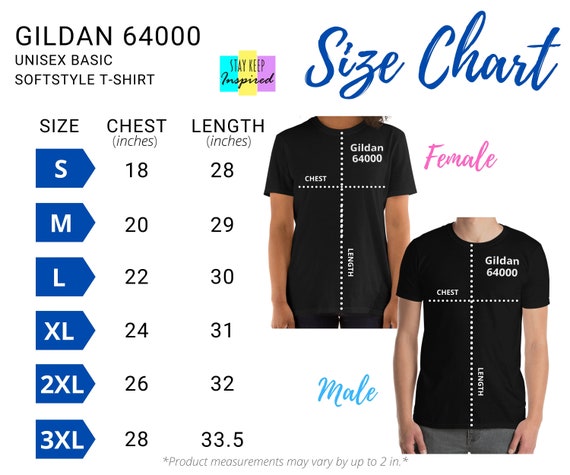 Gildan 64000 Black Unisex T-shirt Size Chart inches/cm, Gildan T