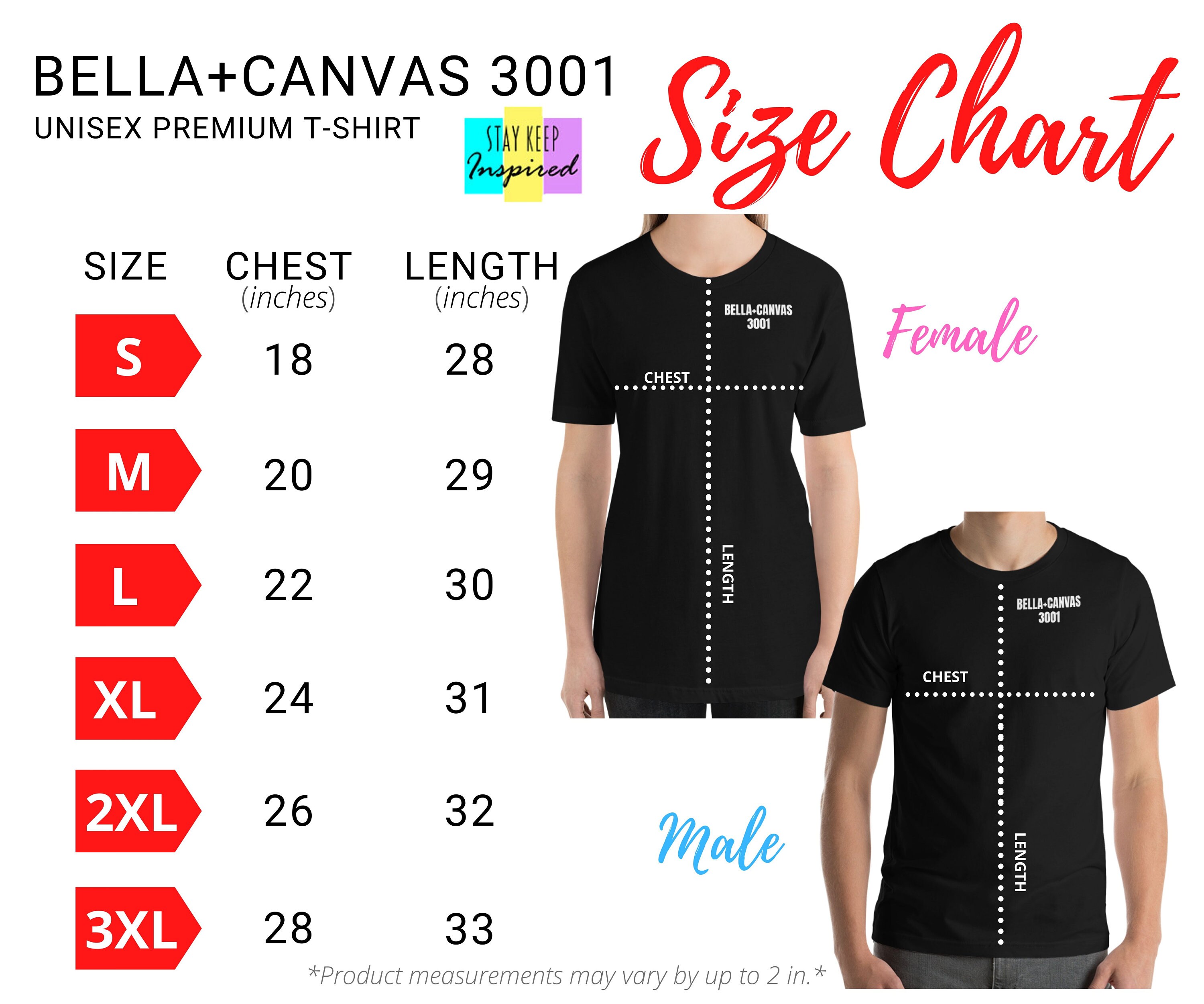 Bella Canvas 3001 Black Unisex T-shirt Size Chart (inches/cm
