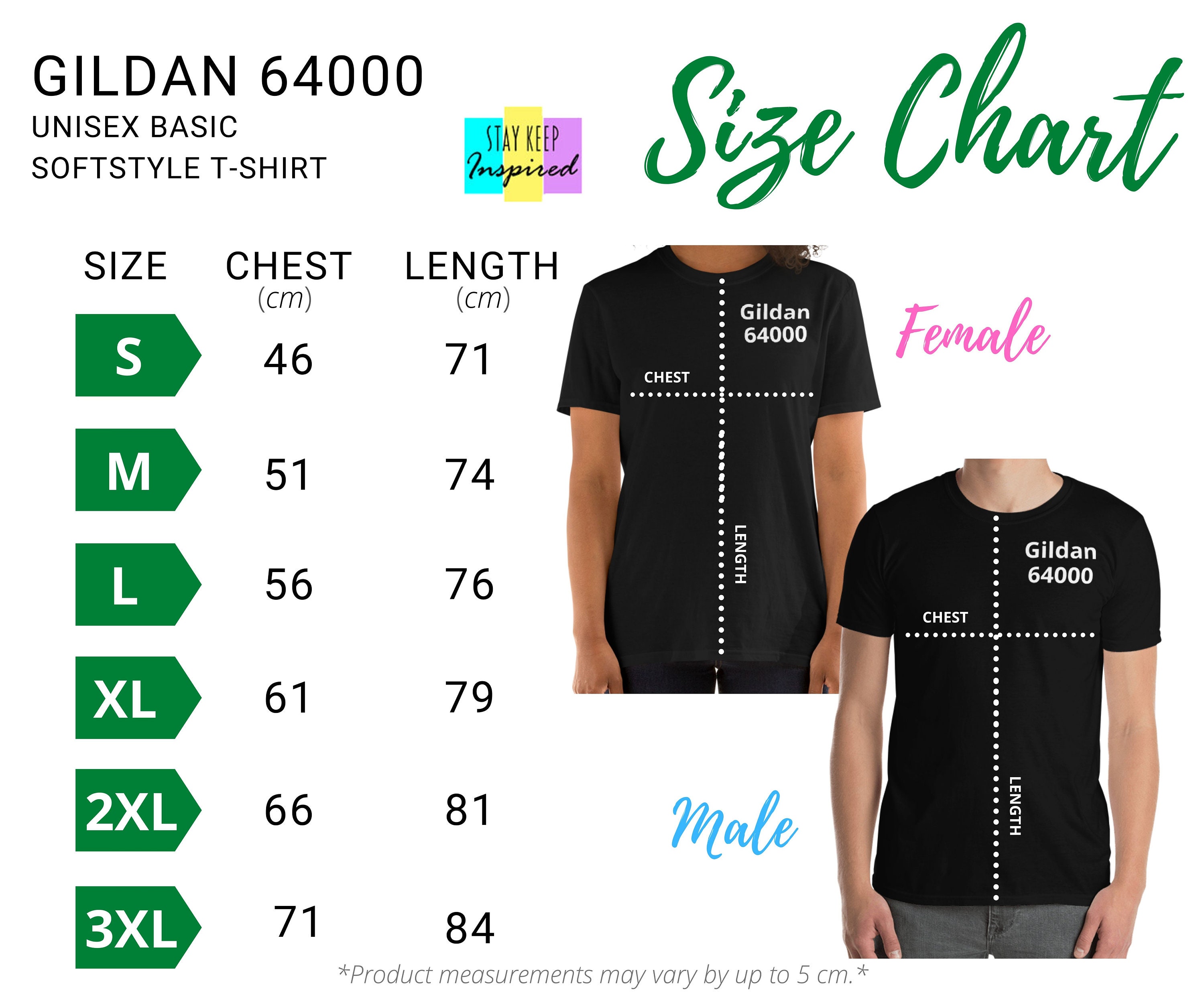 Gildan 64000 Black Unisex Size Chart inches/cm - Etsy