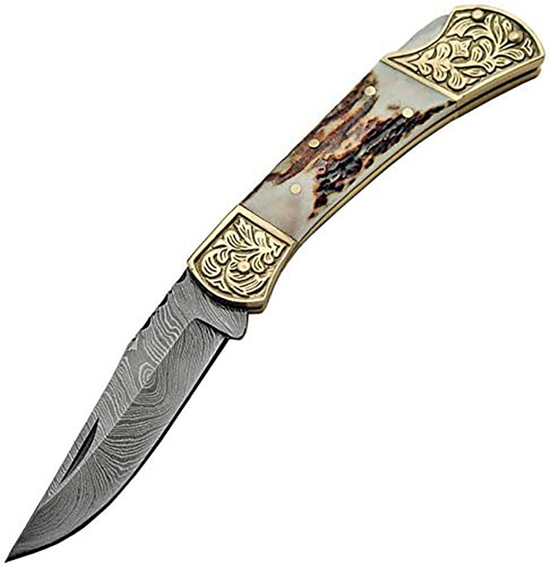 Handmade Damascus Steel Fancy Folding Knife with Stag Handle Etsy