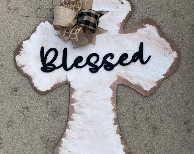 20” Blessed spring cross rustic distressed door hanger - layered door hanger - home decor