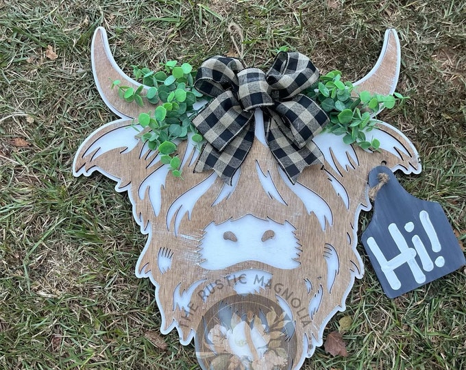 20” highlands cow door hanger - farm animals - layered door hanger - home decor - macrame cow