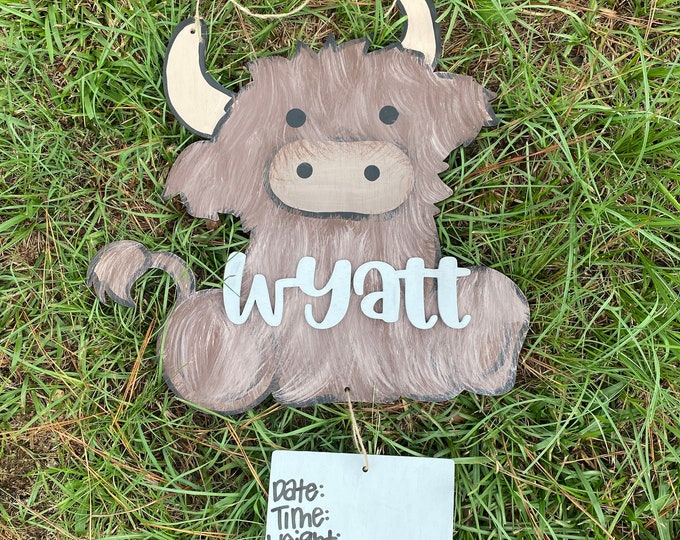 Baby highland cow hospital door hanger - farm baby announcement sign - baby stats - baby boy - nursery decor wood sign 3D layered