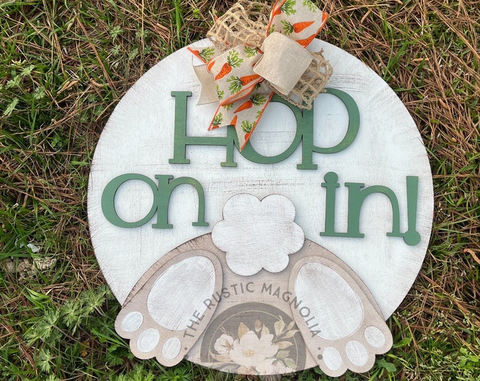 20” Hop On In Easter bunny hanger - layered door hanger - home decor - rustic  - seasonal door hanger - bunny rabbit