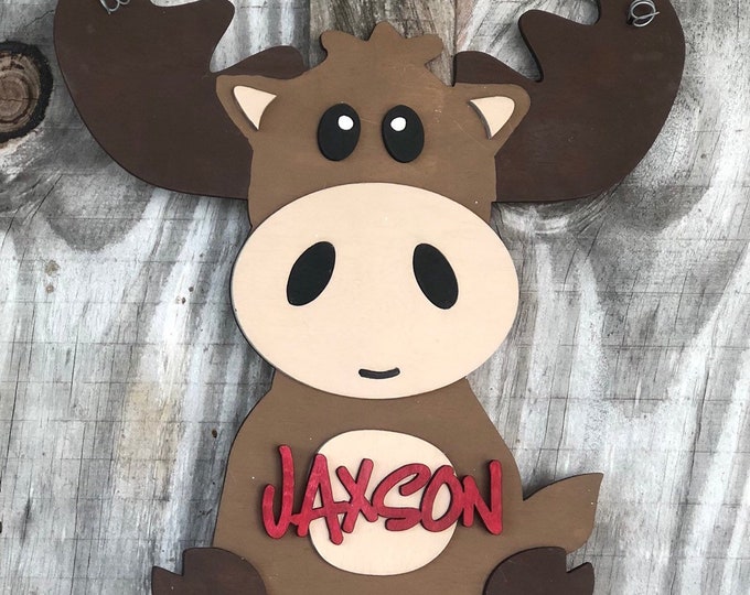 Moose New Baby Door Hanger - Hospital Door Hanger - Baby Announcement Sign - Baby Shower Gift - Baby Stats Sign - Woodland Nursery Decor