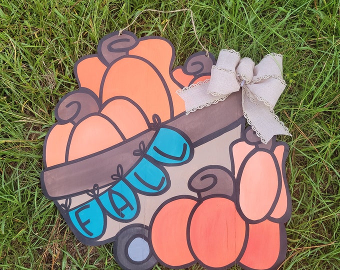 Pumpkins wheel barrow door hanger | fall banner door hanger | autumn door hanger -| laser cut