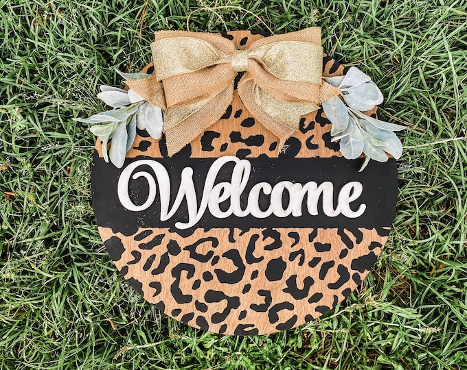 20” welcome cheetah print stained  door hanger - layered door hanger - home decor - greenery