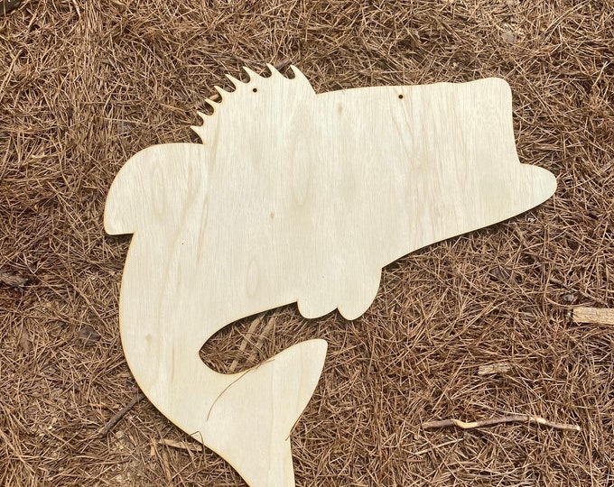 Unfinished jumping bass fish door hanger | silhouette | blank wood | laser cut | door hanger | fishing - fish - paint your own - wood