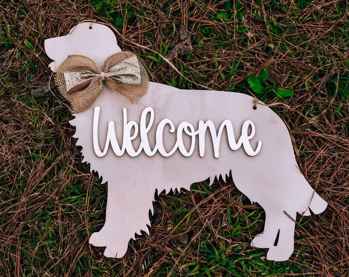 20" wood golden retriever dog door hanger sign laser cut door hanger Welcome