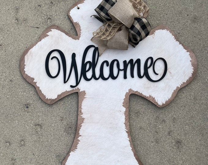 20” Welcome spring cross rustic distressed door hanger - layered door hanger - home decor