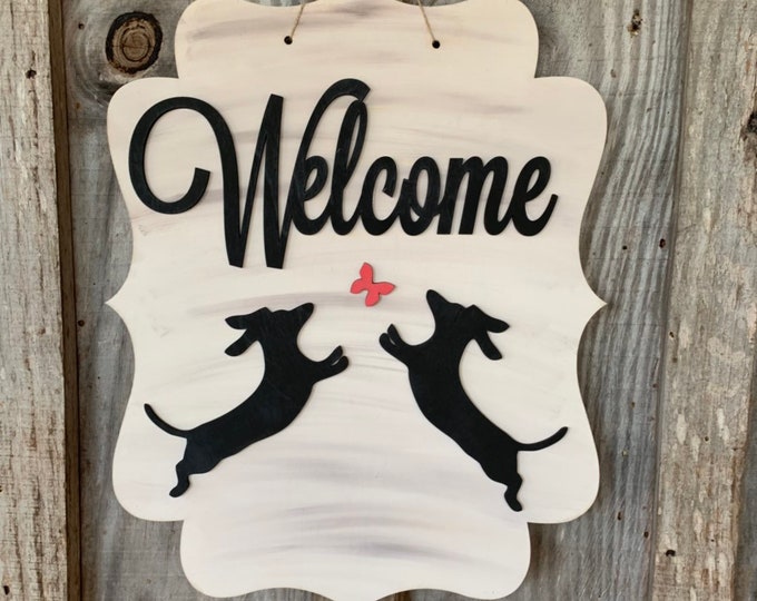 Dachshund welcome door hanger  -   Welcome cutout letters  - Painted door hangers  -  home decor  - Wood sign