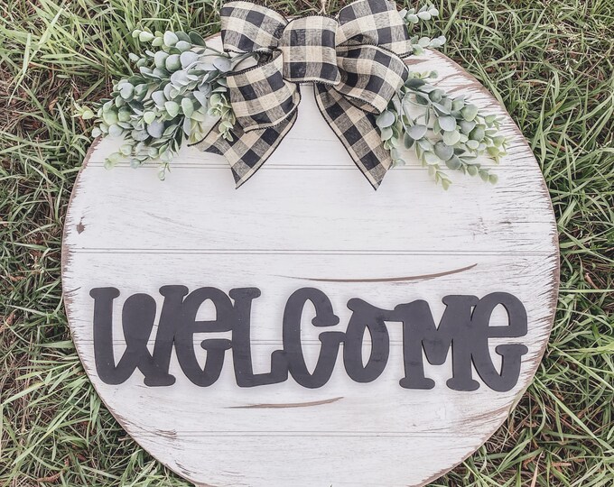 20” welcome rustic distressed door hanger - layered door hanger - home decor - greenery