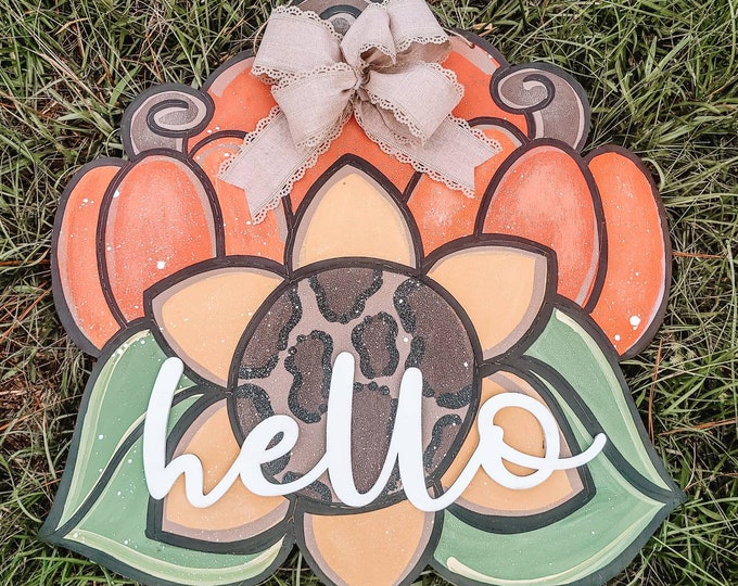 Pumpkin trio with sunflower leopard door hanger | fall door hanger | home decor