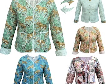 Reversible Quilted Cotton Jacket: Leopard Print, Floral Boho Coat