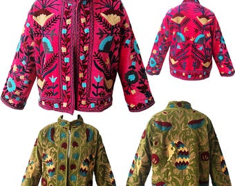 Luxury Handmade Suzani Embroidered Jacket | High-Quality Uzbek Bohemian Coat | Colorful Artisan Floral Festival Outerwear for Women