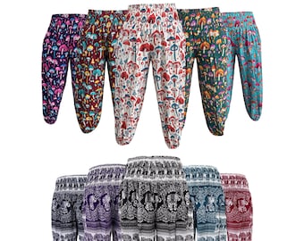 May include: A collection of colorful harem pants with elastic waistbands. The top row features mushroom patterns in various colors, including pink, red, and green. The bottom row displays elephant patterns in black, purple, and red.