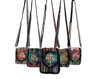 May include: Five colorful, small, woven crossbody bags with adjustable straps. Each bag features a mushroom embroidery design and a zipper closure.
