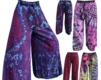 May include: Five pairs of wide-leg pants with tie-dye patterns in various colors, including purple, pink, red, and green.