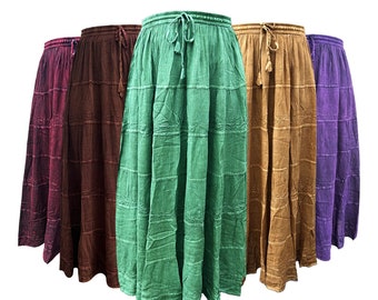 Womens Plain 100% Rayon Long Skirt Elastic Stretch Hippy Waist Gypsy Long Knit Elasticated High Maxi summers Festival 80s 90s Causal Wear