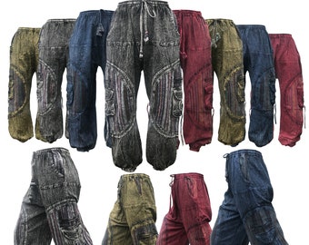 Aztec Patchwork Harem Pants Men Women – Boho Stonewash Cotton Trousers – Hippie Festival Yoga Pants – Unisex Bohemian Clothing