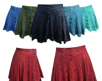 Boho Embroidered Rayon Skirt: Lace-Up Waist, Fairycore Festival Style