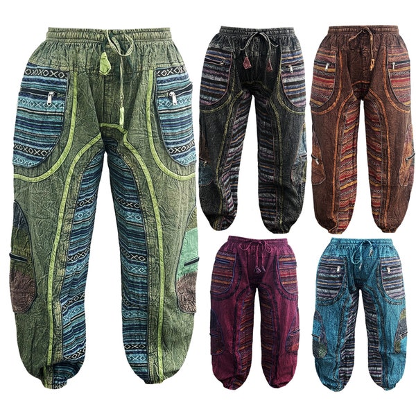 Stonewash Aztec Patchwork Trousers Hippie Pants Mens Womens Harem Hippy Pant Men Baggy Stretch Waist Gypsy Hippy Festival Trouser OneSize