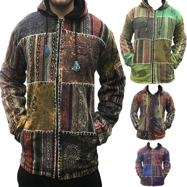 Hippie Patchwork Hooded Winter Jacket | Embroidered Ethnic Vintage Oversize Baggy Fleece Hoodie | Womens Mens Boho Festival Baja Rug S L XL