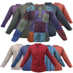 Hippie patchwork opa-shirt | Heren Dames kraag 100% katoen Boho Yoga Comfortabele wandeltop | Vintage festivalknoop met lange mouwen en strepen