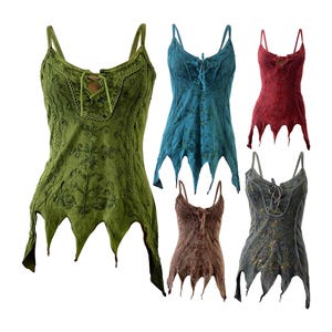 May include: Six embroidered tank tops in shades of green, teal, red, brown, and grey. Each top has a lace-up neckline, spaghetti straps, and a jagged hem. The tops are decorated with floral embroidery.