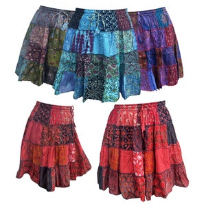 Handmade Patchwork Mini Skirt: Bohemian Hippie Cotton Elastic Waist