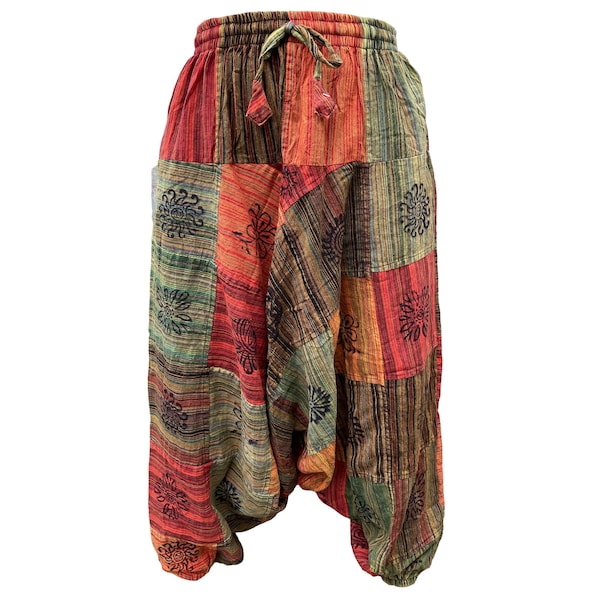 Floral Sun Patchwork Harem Pants | Hippie Mens Womens Boho Yoga Cotton Stretch Trousers | Hippy Festival Bohemian Handmade Gypsy Trouser