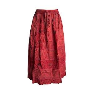 Handmade Boho Maxi Skirt – Flowy Vintage Gypsy Skirt with Embroidery Elastic Waist LongSkirt, Cottagecore Aesthetic Festival Fashion Onesize Embroidery-Red2