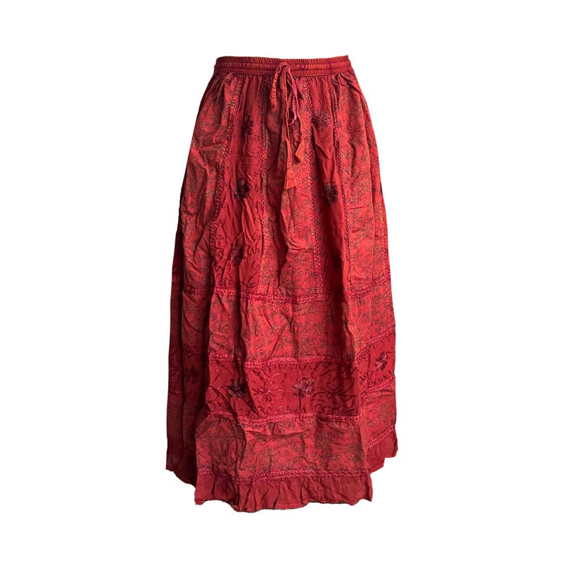 Handmade Boho Maxi Skirt – Flowy Vintage Gypsy Skirt with Embroidery Elastic Waist LongSkirt, Cottagecore Aesthetic Festival Fashion Onesize Embroidery-Red2