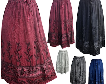 Handmade Boho Maxi Skirt – Flowy Vintage Gypsy Skirt with Embroidery Elastic Waist LongSkirt, Cottagecore Aesthetic Festival Fashion Onesize