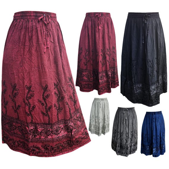 Handmade Boho Maxi Skirt – Flowy Vintage Gypsy Skirt with Embroidery Elastic Waist LongSkirt, Cottagecore Aesthetic Festival Fashion Onesize