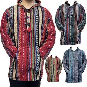 May include: A set of three striped hooded sweatshirts with a drawstring closure. The sweatshirts are in red, blue, and green colour combinations.