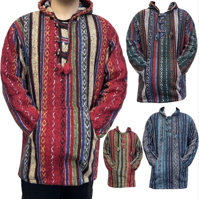 May include: A set of three striped hooded sweatshirts with a drawstring closure. The sweatshirts are in red, blue, and green color combinations.