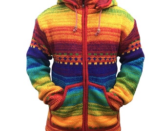 Hippie MultiColoured Print Hooded Winter Jacket | Ethnic Vintage Oversize Baggy Fleece Woollen Hoodie | Womens Mens Hippy Boho Festival S XL