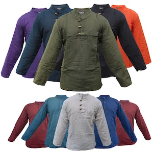 Hippie Grandad Shirt | Men Women Plain Collarless 100% Cotton Boho Yoga Comfy Hiking Handmade Top Hippy Festival Long Sleeve Vintage Button