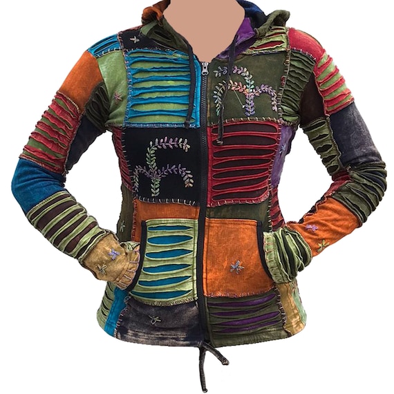 Chaqueta Con Capucha Hippie Boho Patchwork - Bordada A Mano, Algodón, Estilo Festival, Hecho En Nepal
