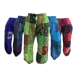 May include: Five pairs of patchwork pants in different colors, including blue, green, red, and purple. The pants are made of different fabrics and have a variety of patterns.