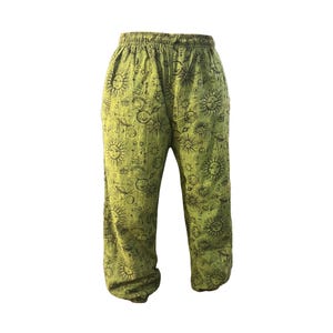 Mushroom Print Harem Pants: Stonewash Hippie Trousers, One Size Sunmoon-Green