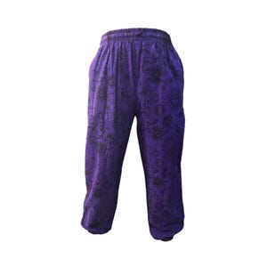 Mushroom Print Harem Pants: Stonewash Hippie Trousers, One Size Sunmoon-Purple