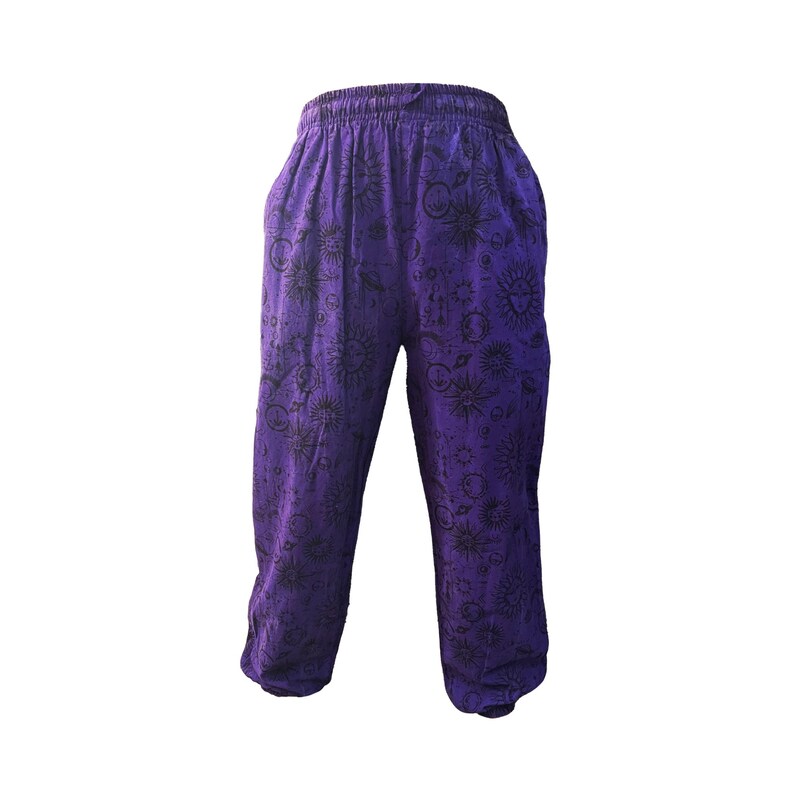 Mushroom Print Harem Pants: Stonewash Hippie Trousers, One Size Sunmoon-Purple