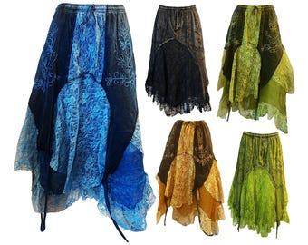 Boho Handmade Maxi Skirt, Fairycore Cottagecore Elastic Waist, Layered Asymmetrical Design, Hippie Festival Wear, Vintage Lace Style