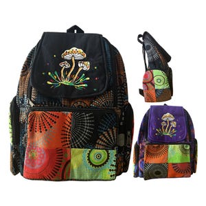 Boho Zauberpilz Rucksack | Hippie Patchwork Tasche | Bunter Festival Rave Rucksack | Handgemachte bestickte Tasche Geschenk 100% Baumwolle.